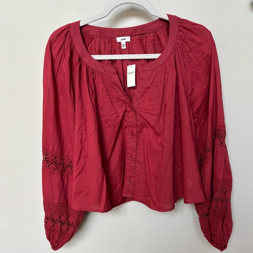 NWT Aerie Long Sleeve Crochet Button Down Shirt in Summer Burgundy Small